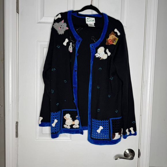 QUACKER FACTORY Woman's Size M Dog Button Front Sweater Quirky Artsy - Picture 1 of 8